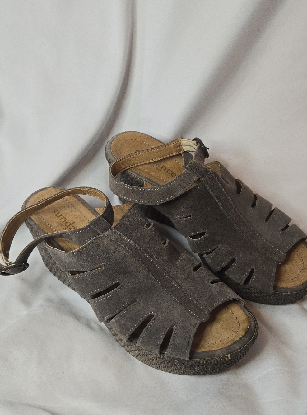 Sundance Leather Suede Wedge Sandals in Gray-Brown Ankle Strap Women's 39/8